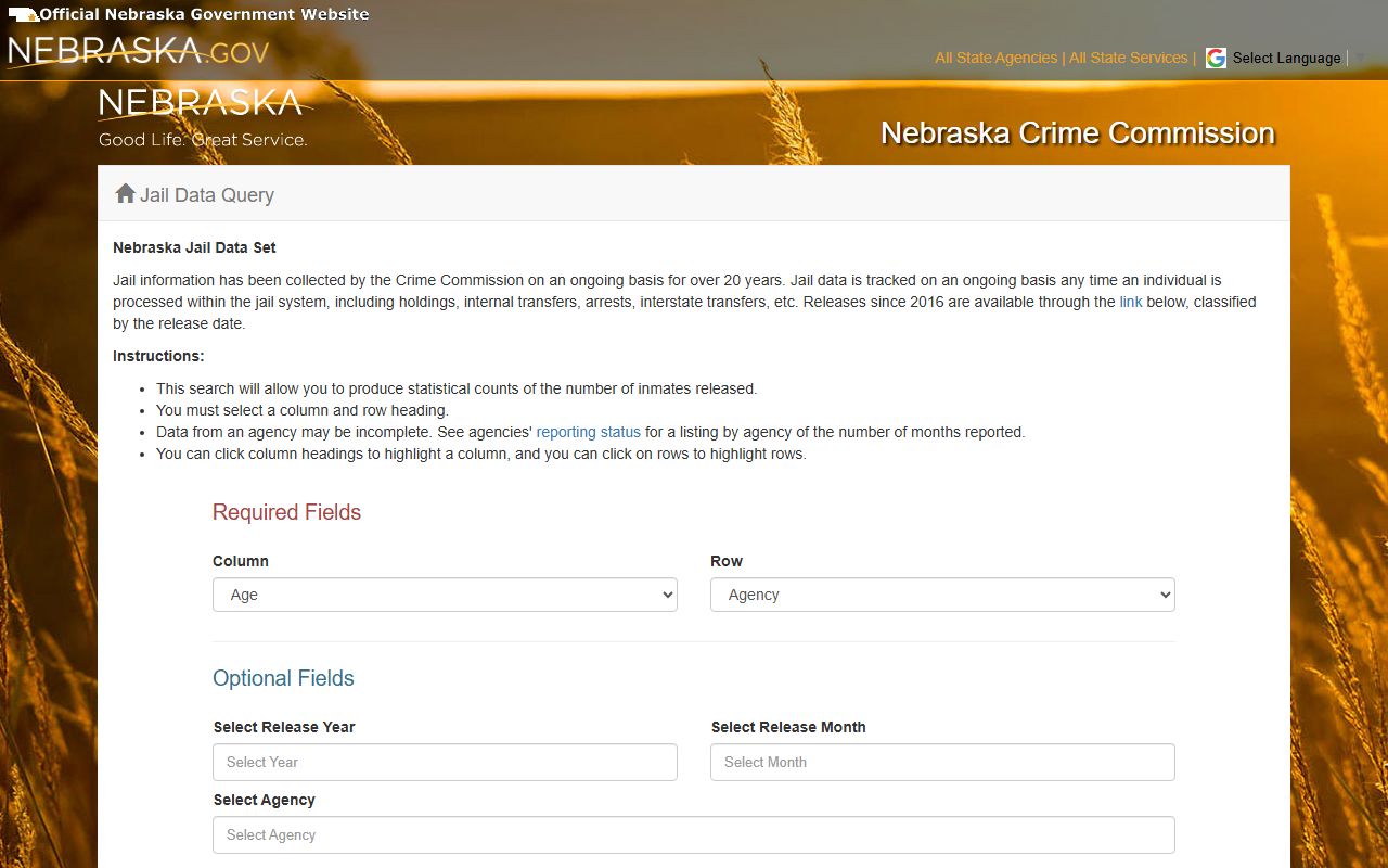 Nebraska Jail Data Query for Sioux County inmate population research