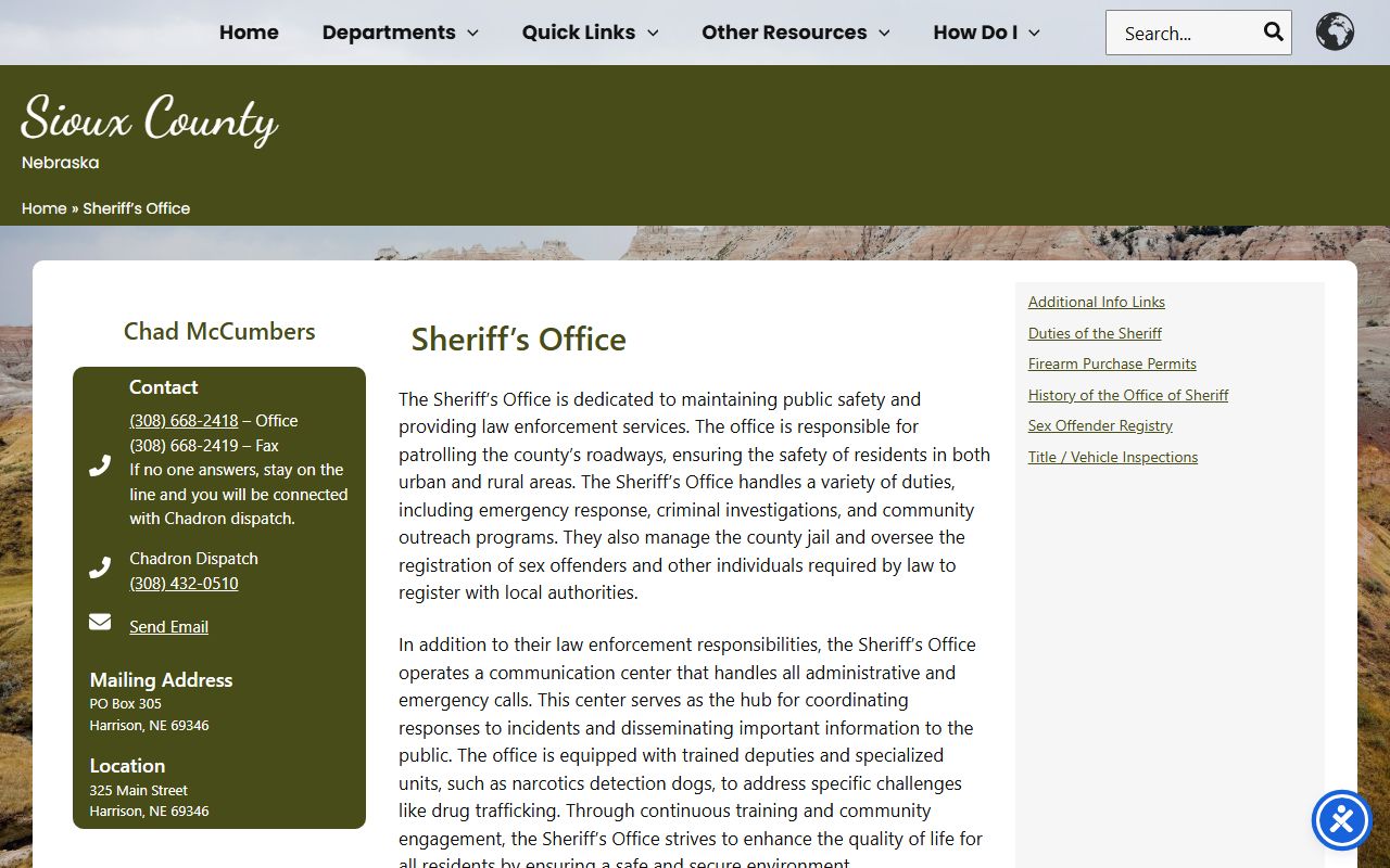 Sioux County Jail inmate lookup contact page from sheriff office